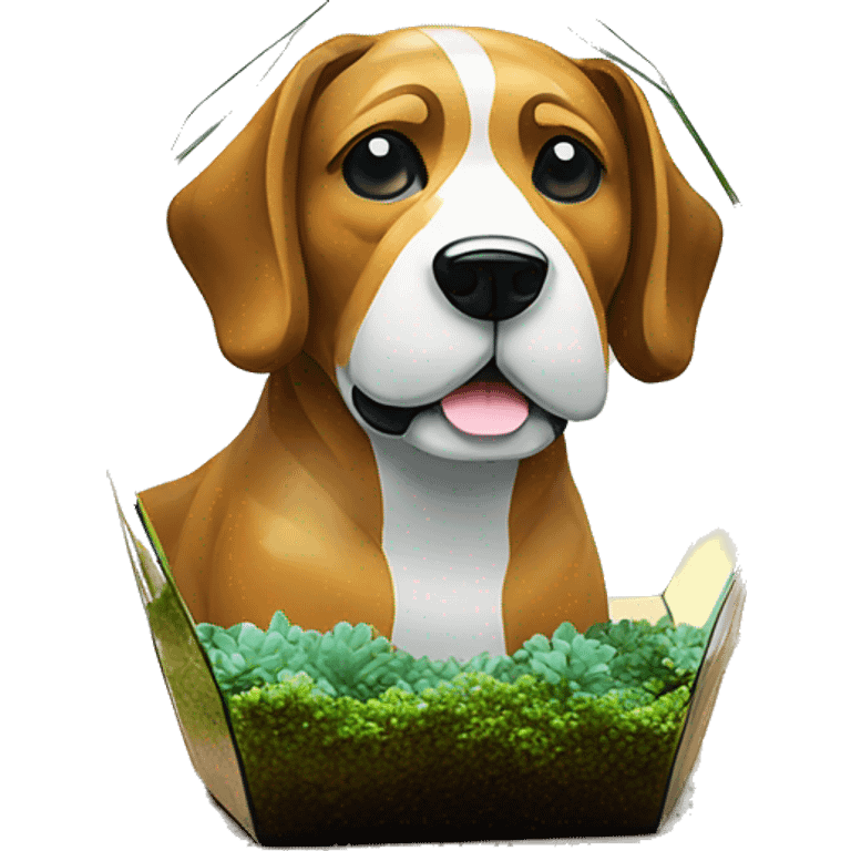 A dog made entirely of glass mirror crystals prisms glass transparent filled with plants as a terrarium emoji