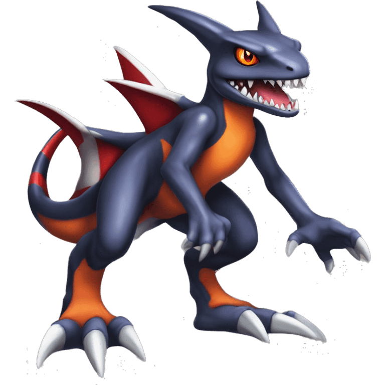 Black, Red, Orange, Beige, Modern, Cool, Edgy, Badass Punk-style Garchomp-Charmeleon-Sergal Fakémon-Digimon with sharp edgy striking detailed stripe-markings,  full body emoji