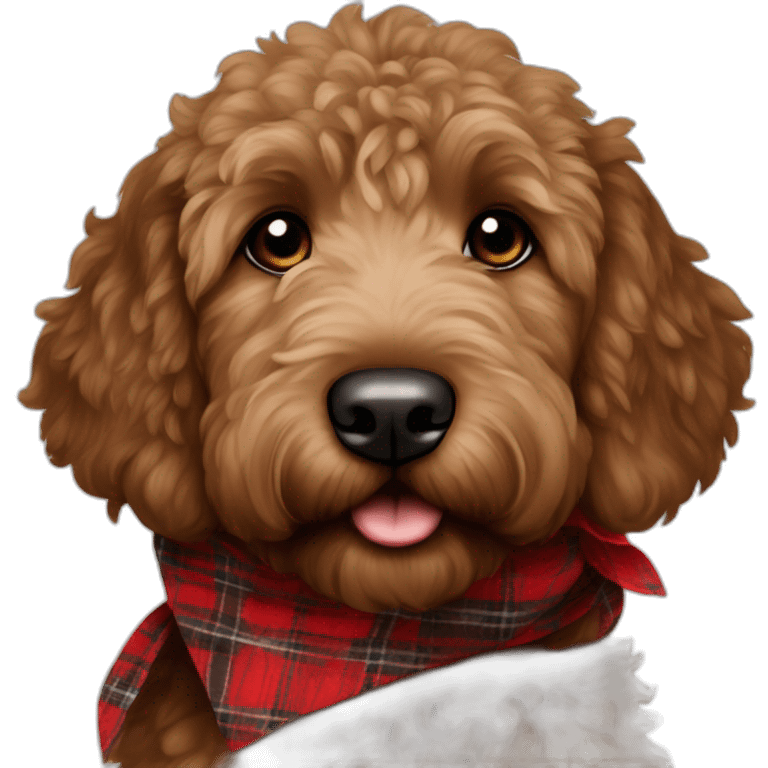 Dark brown colored golden doodle with a red and black flannel hankerchief emoji