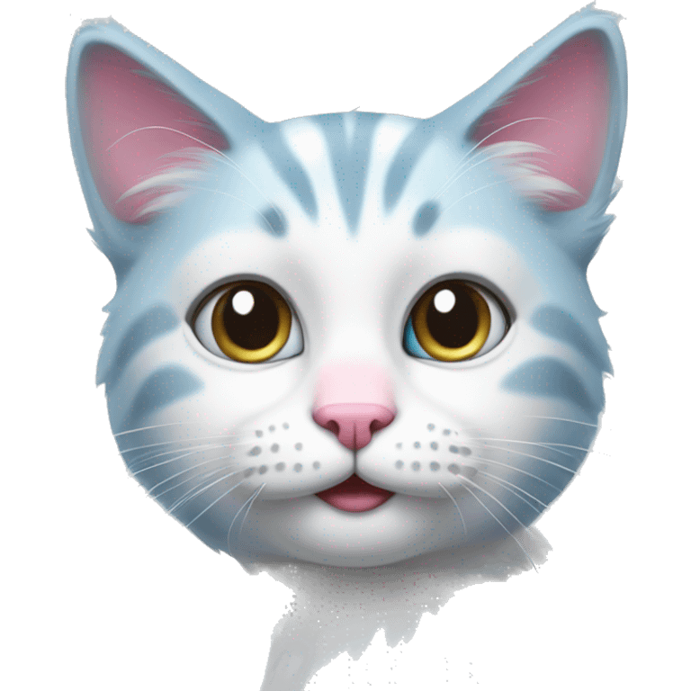 Cat with white and grey fur, light blue eyes and pink nose emoji