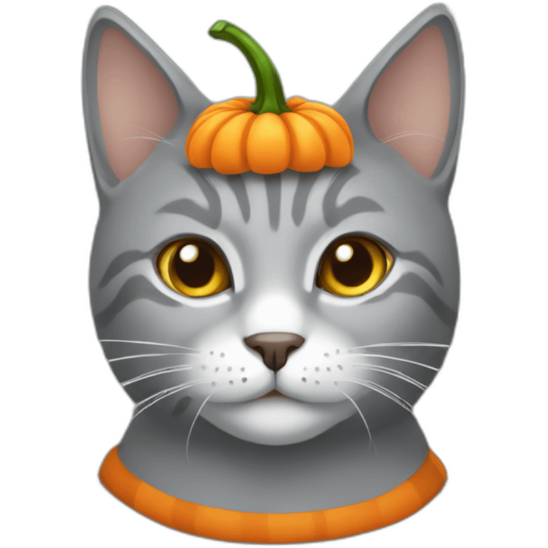 Grey cat with white spots wearing a pumpkin hat emoji