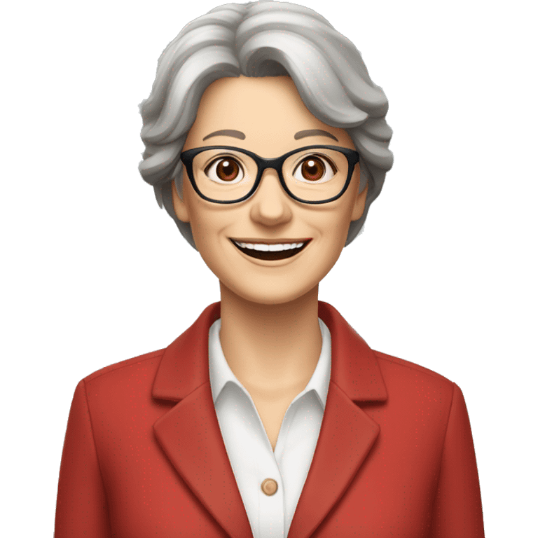 Woman in her 60s, with brown hair, pale skin, glasses, brown eyes, smiling wearing a red blazer, collared shirt,  jeans emoji