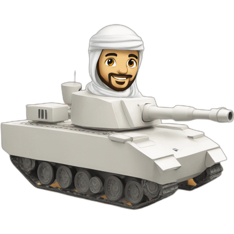 prince from Saudi Arabia with a beard in a white  shemagh national headdress riding  on a tank, smiling emoji