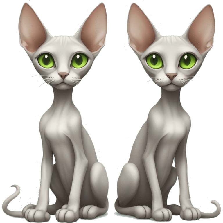 two skinny sphinx cats one grey one white with green eyes emoji