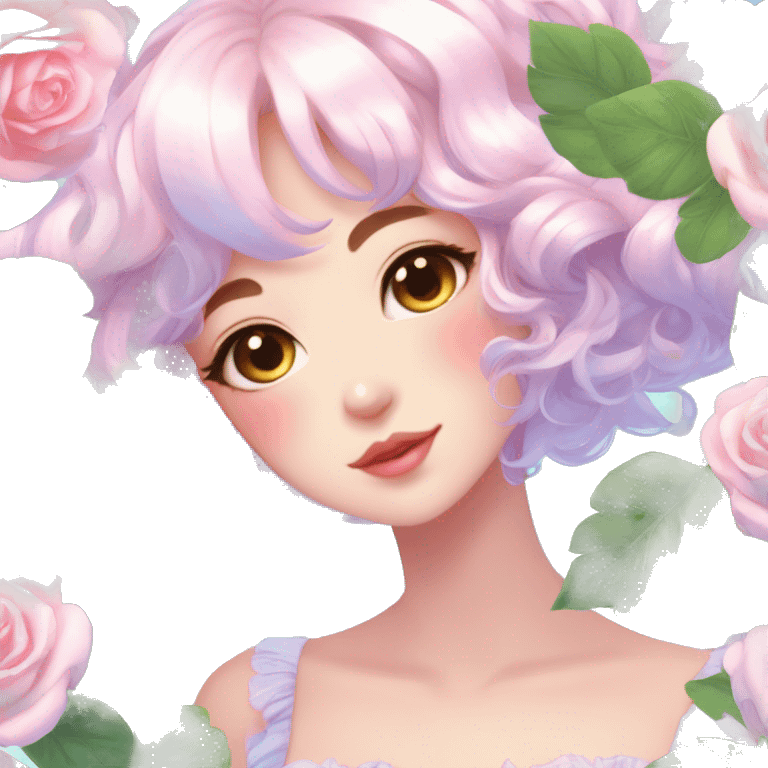 Gorgeous pastel shiny pearly colorful anime style lady with blushing face and roses leaves shiny cottagecore fairycore aesthetic trending style emoji