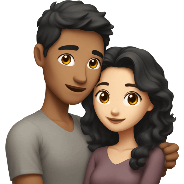 A half pale Asian man with short dark hair and amber eyes embracing and loving a half Asian woman with long wavy dark hair and dark hazel eyes. They love each other a lot And have good fashion taste. And are having a lot of fun emoji