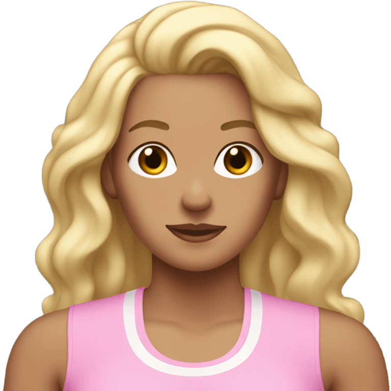 White woman, long hair, blonde hair, wavy hair, baby pink workout clothes, sweat on forehead emoji