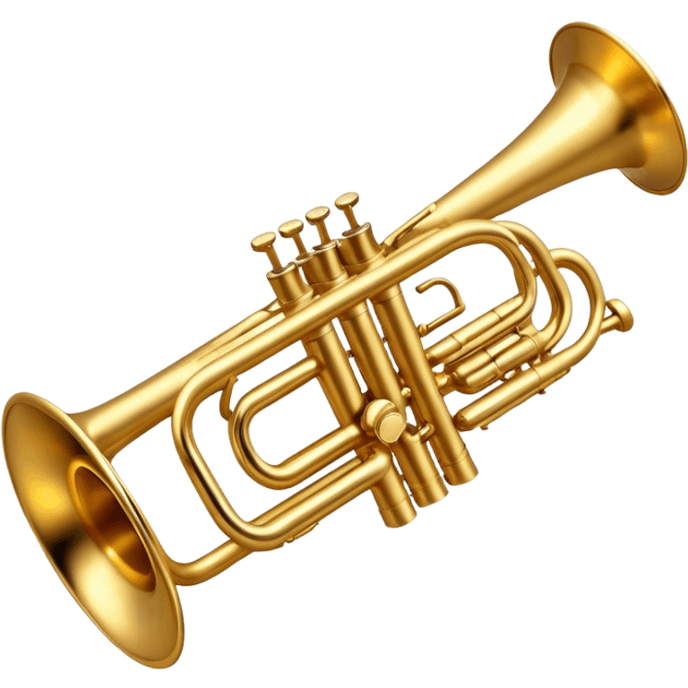 Cinematic Realistic Trumpet, rich golden brass with subtle tarnish marks, soft highlights emphasizing the intricate details, warm reflections of stage lighting bouncing off the metal, glowing with bold and triumphant energy. emoji