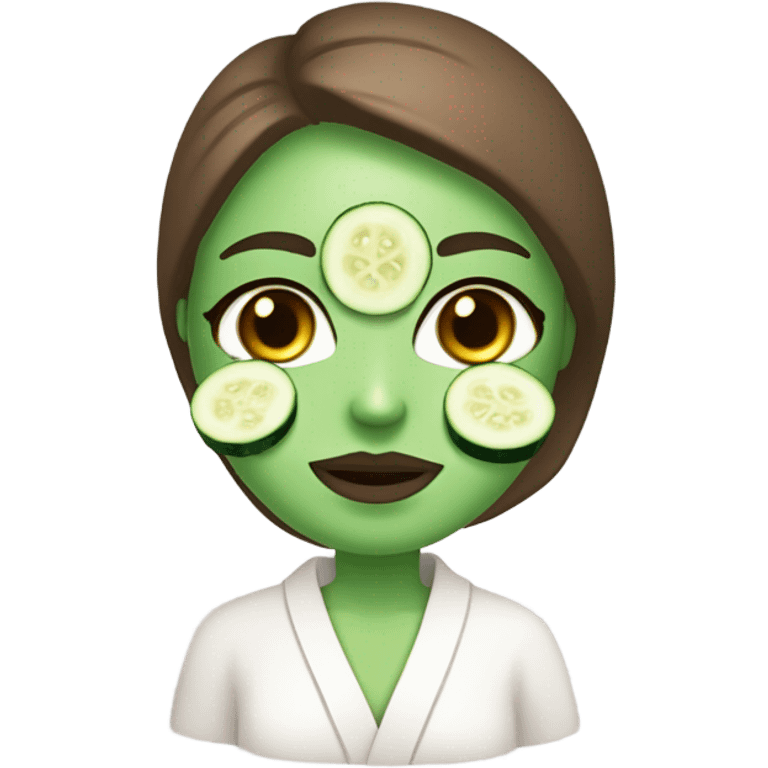 White girl with Brown hair and blue eyes wears a Green colored clay mask and puts on cucumbers around her eyes while She relaxes in her white Robe emoji