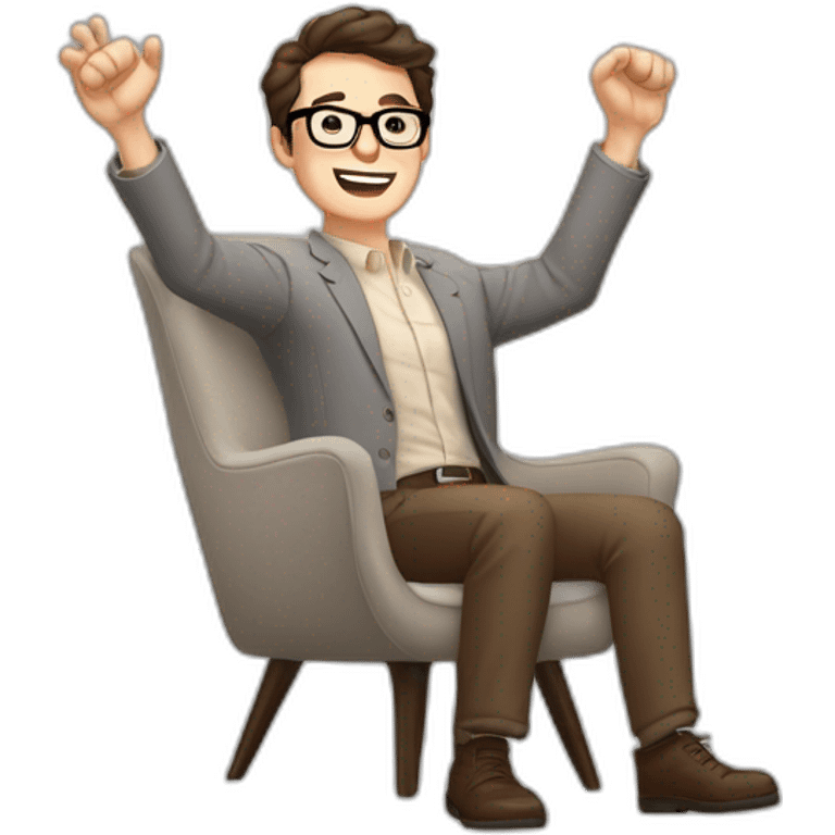 Joyful Celebrating victory Hands up Pale skinned Fit Man With dark brown hair in gray jacket, beige office shirt, Brown pants and vintage glasses sitting In a soft chair emoji