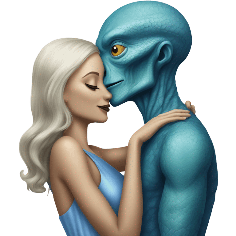 White man in blue dress  hugs and kissing Alien reptilian woman in silver dress  emoji