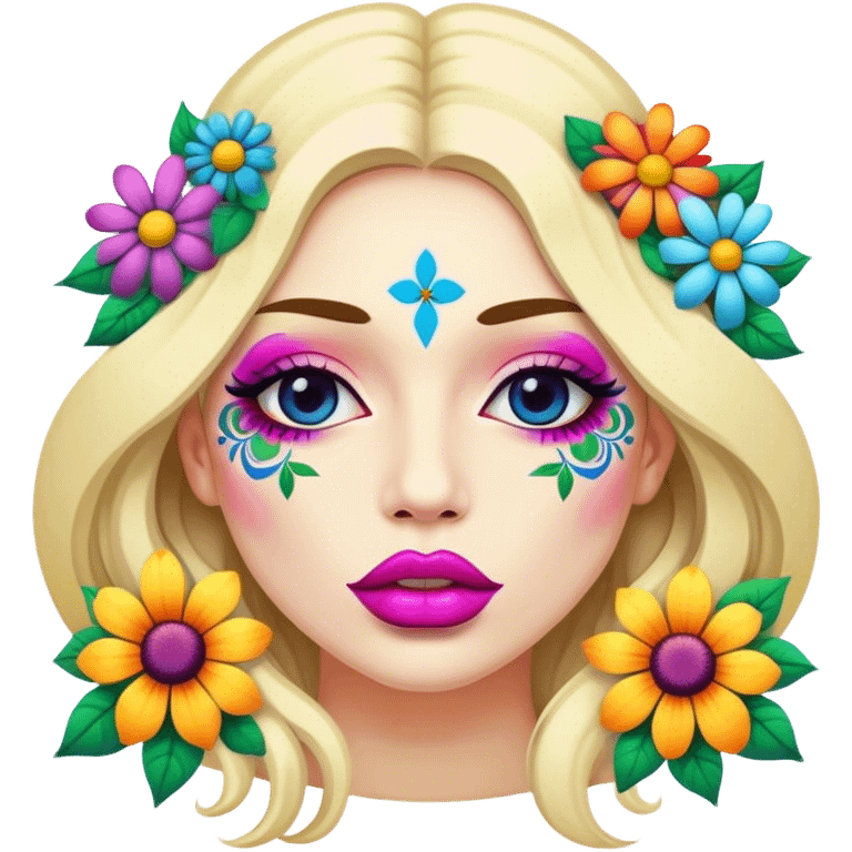 psychedelic colored lips with hippie style flowers emoji