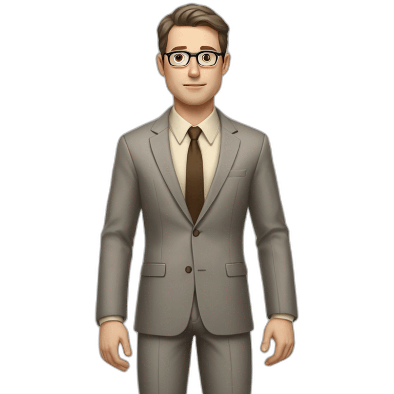 Full height Actively Gesturing Pale skinned fit man with dark brown hair in gray jacket, beige office shirt, brown tie, brown pants and vintage glasses. emoji