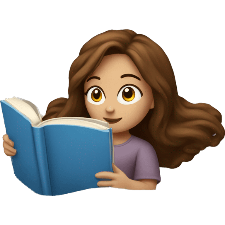 brown haired girl with blue eyes laying on the bed reading a book with a cozy blanket emoji