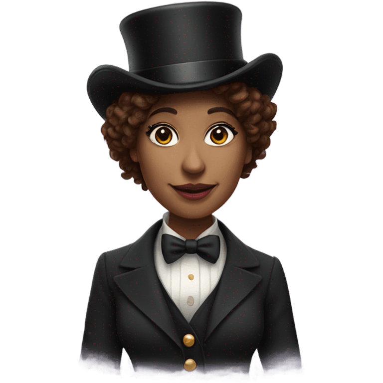 Woman brown curly hair top hat circus director emoji