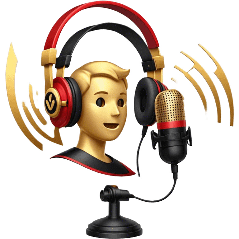 Create a dynamic and cinematic emoji that represents voice-over and dubbing in films. The design should feature a microphone, sound waves, and a film reel or movie clapperboard, symbolizing the connection between voice acting and film production. Add elements like headphones or a voice actor's silhouette to emphasize the human element of dubbing. Use vibrant, cinematic colors like gold, black, and red to create a sense of drama and creativity. The background should be transparent. emoji