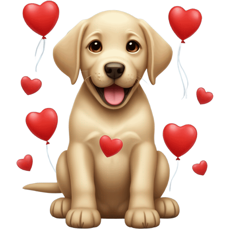 Puppy labrador happy Surrounded by red heart-shaped balloons emoji