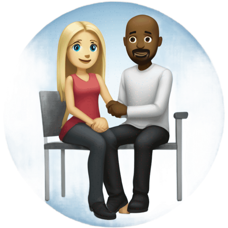 Blonde woman with blue eyes and long straight hair and black man who is bald with a goatee seated together with their legs touching and holding hands.   emoji