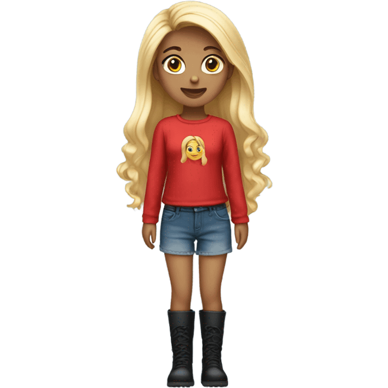 A girl who has long hair wears red top,jeans short dress with long black boots emoji