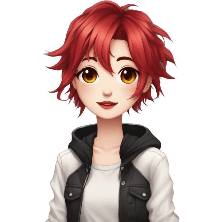 Gorgeous anime style tomboy with blushing face aesthetic and pretty edgy black red punk hair with hair garment trending style emoji