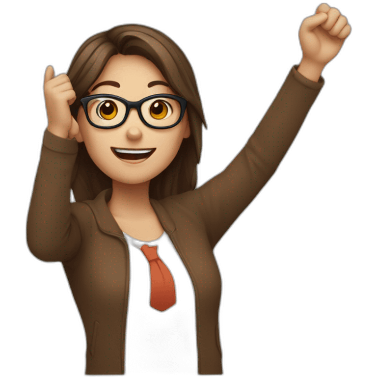 A girl with glasses and brown hair celebrating with an arm up emoji