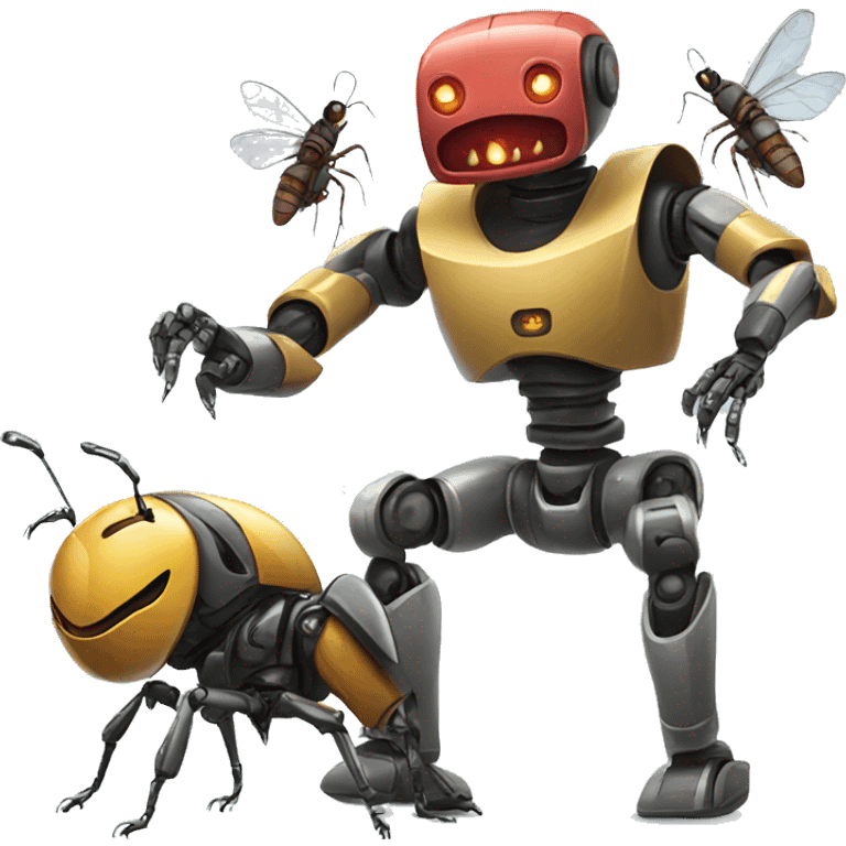 A robot fighting a bug emoji