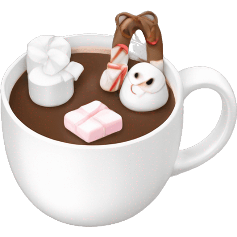 White mug with bows on it with hot chocolate and marshmallows inside emoji