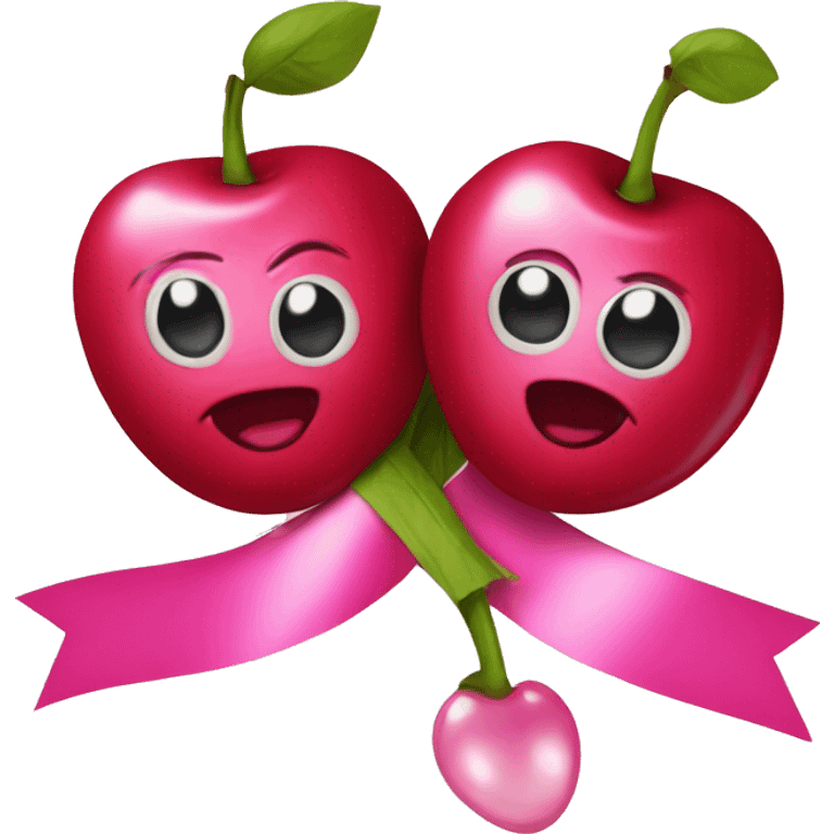 two cherries with pink ribbon on the top emoji