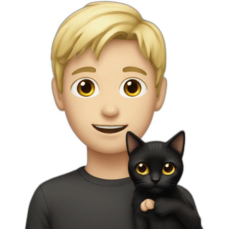 Boy with blonde hair holding a black cat emoji