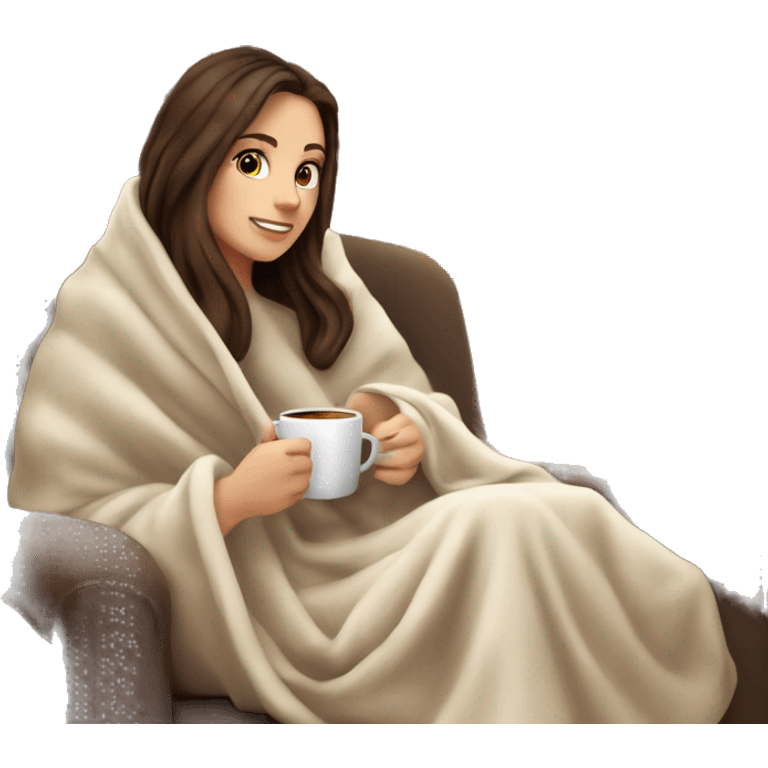 Brunette white girl covered in blanket autumn vibe sitting on a cozy chair holding coffee, window on the background emoji