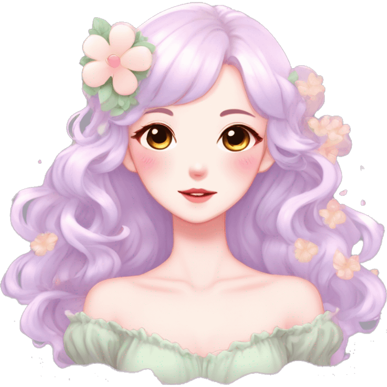 Gorgeous pastel anime style lady with blushing face and flower petals cottagecore fairycore pastelcore shiny colorful pearly petite simplistic aesthetic trending style emoji