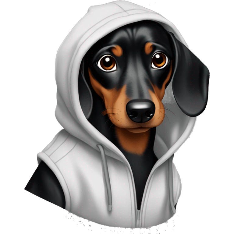 Black and brown dachshund wearing a hoodie emoji