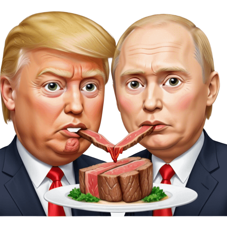 photorealistic Donald Trump and Putin eating a steak shaped like an piece of land emoji