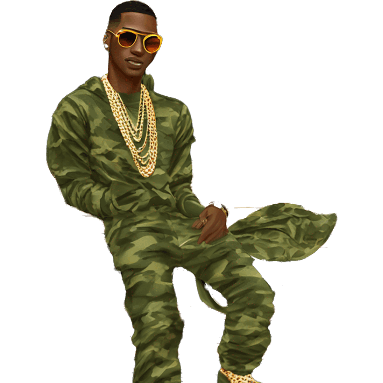 Young Dolph luxury clothes,diamond chain on,getting inside but not all the way in,just opened car door to his all orange and green colored,whole car painted army camouflage, Mercedes G Wagon emoji