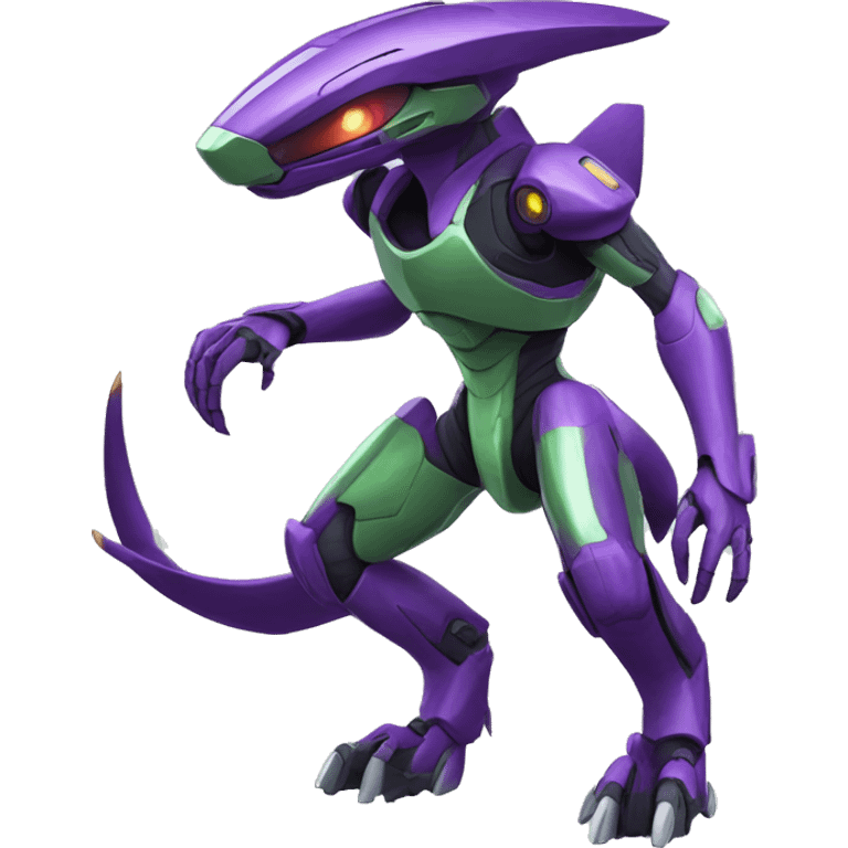 a purple-green Genesect-Raptor-Fakémon—hybrid with a futuristic visor-helmet full body emoji