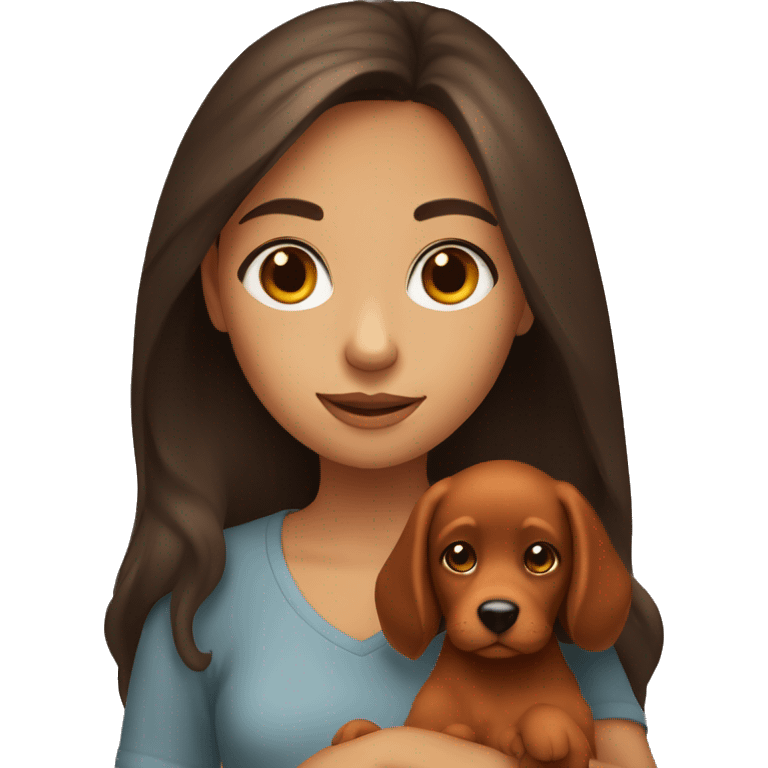 brunette girl holding dark orange puppy emoji