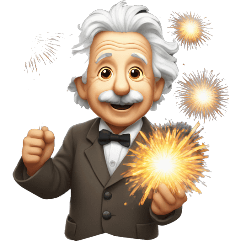 happy albert einstein holding Fireworks  in one hand emoji