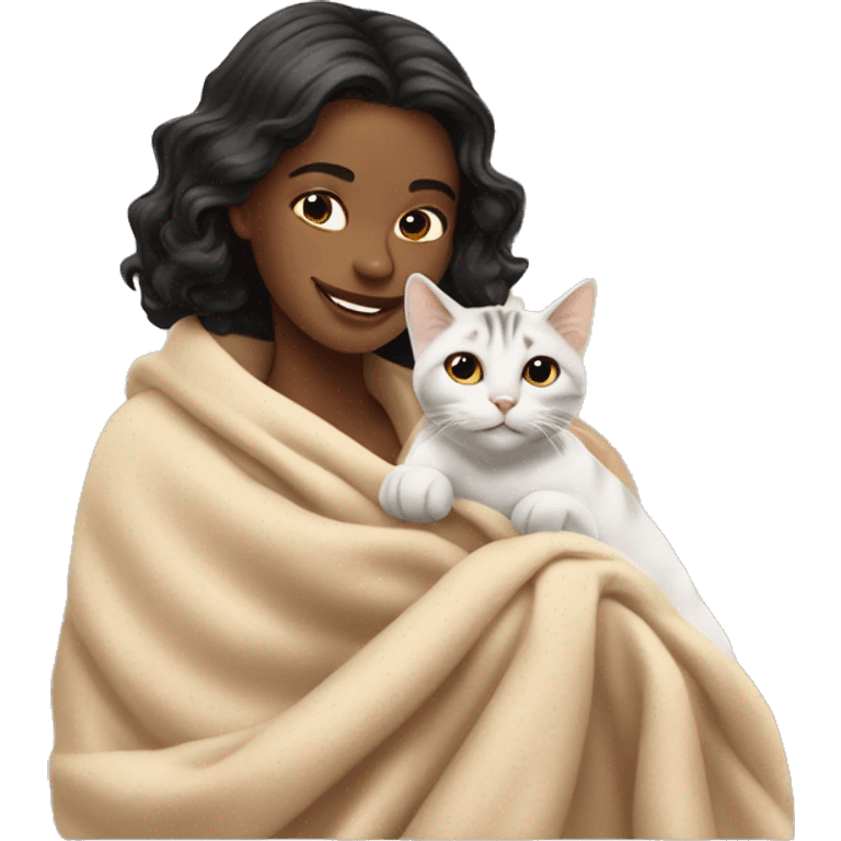 pretty woman petting cat in beige blanket emoji