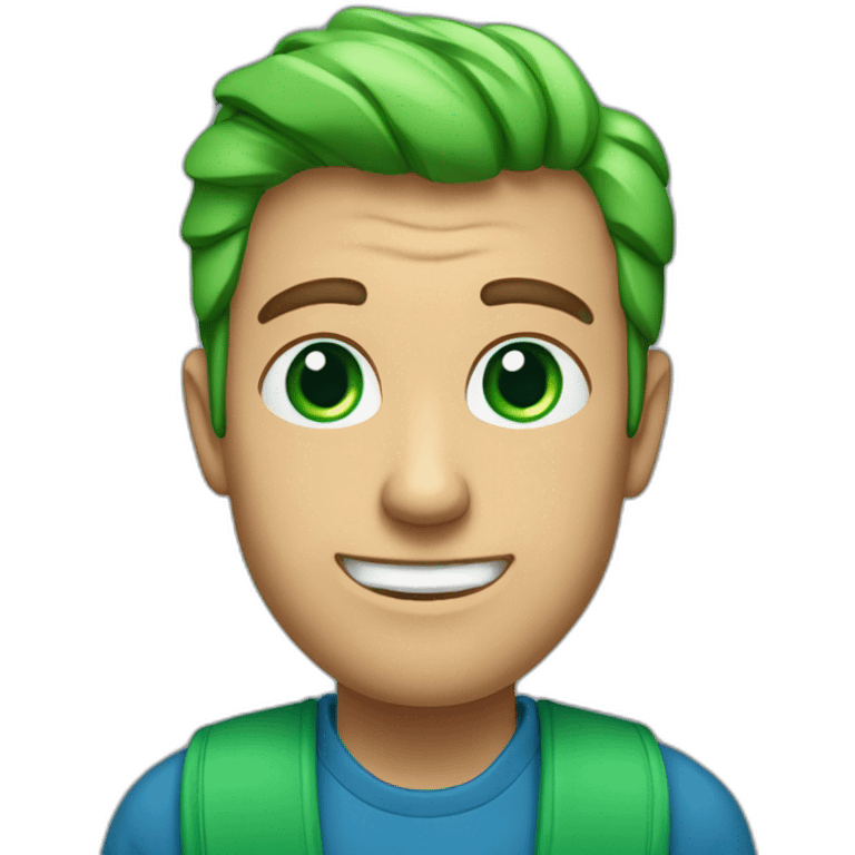 a man, green eyes, blue sweatshirt, green rubies on his head, waves hello emoji