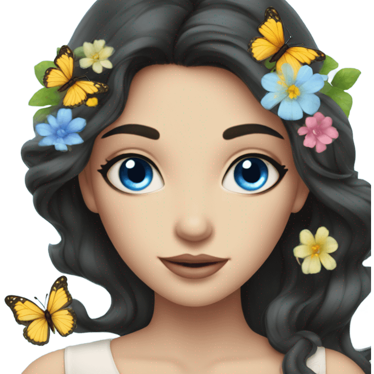 Gorgeous dark-hair lady blue eyes with flowers and butterflies emoji