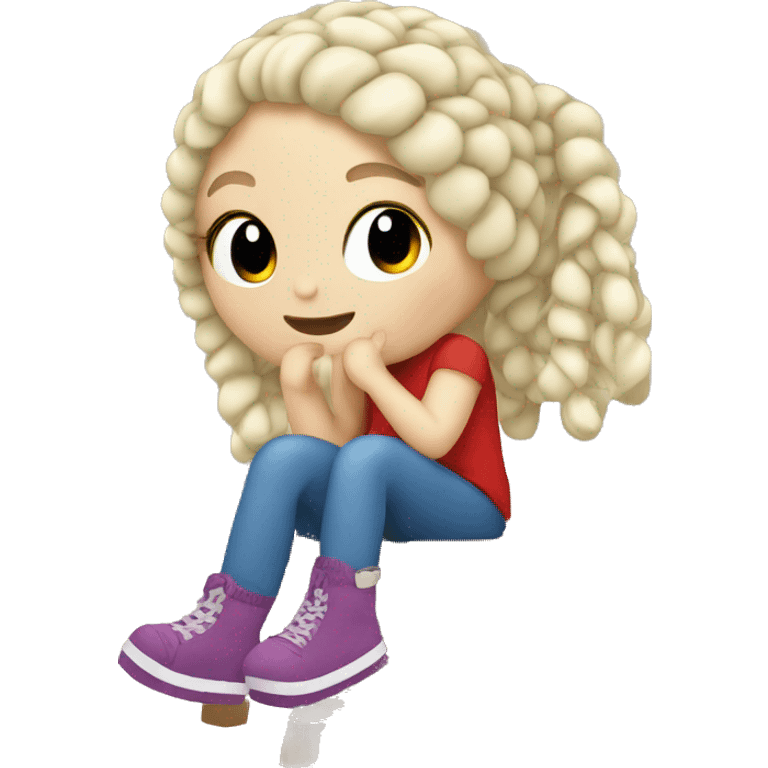 white blond Girl sitting doing crochet emoji