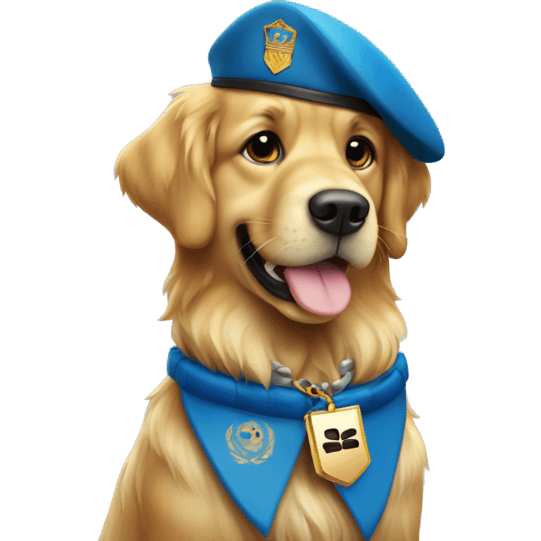 Un Golden Retriever con collar azul al estilo e camuflaje de soldado y su placa dice Ron emoji