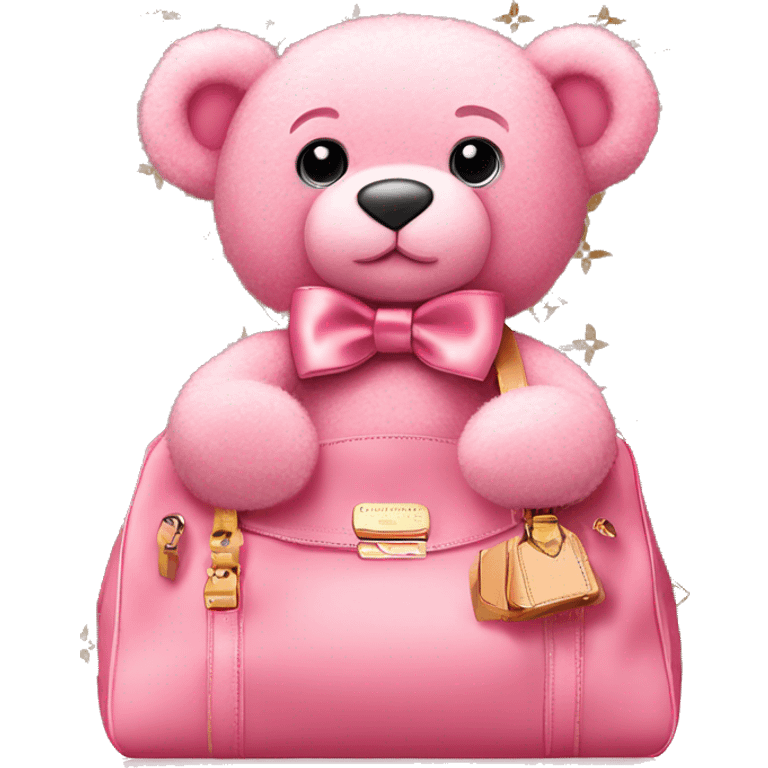 pink bow teddy bear solo is sitting in a louis vuitton bag emoji