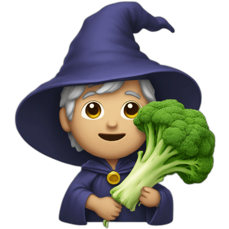 A wizard holding a broccoli emoji