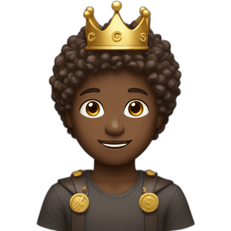 a chocolate skin boy with curly hair, blue eyes and a crown of cryptocurrency emoji