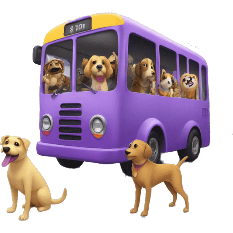 Dog on a purple bus with a rainbow and animal passengers emoji