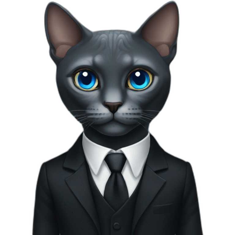 reptilian sphinx dark grey cat with blue eyes wearing black suit, portrait emoji