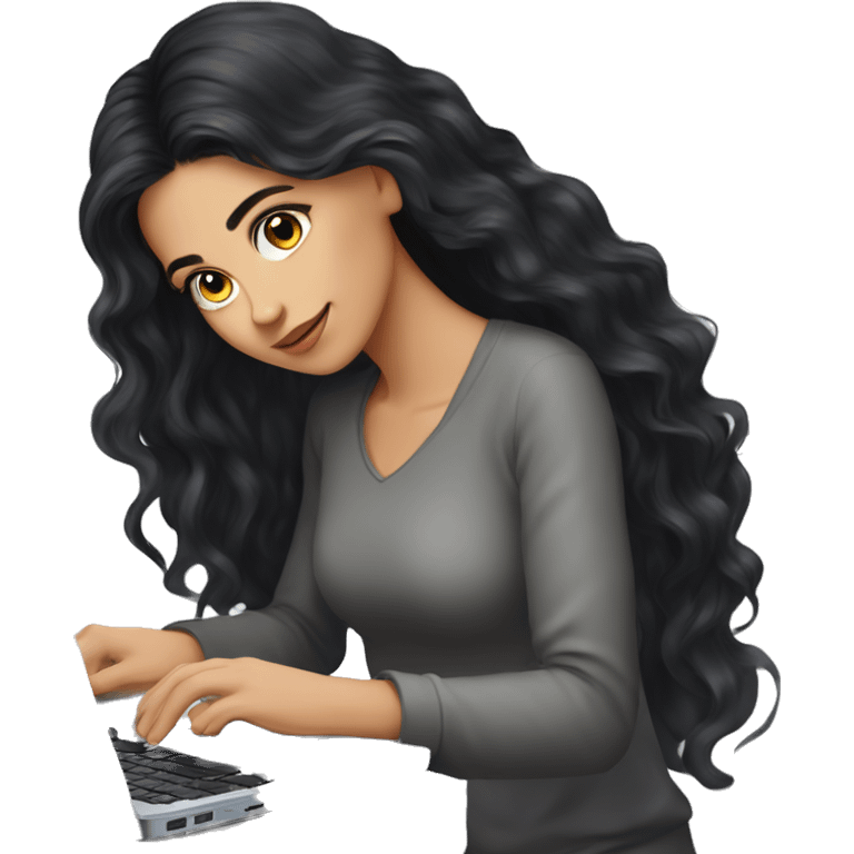 Beautiful girl, Black hair,wavy hair, long hair, Black eyes, Armenian, typing on laptop emoji