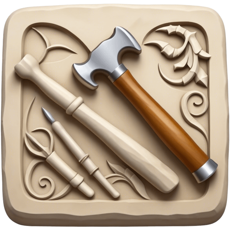 Carving icon, stone, bone, and horn being carved with chisels, fine detailed patterns visible, carving tools like hammer and chisel, minimalistic style, clean lines, transparent background. emoji