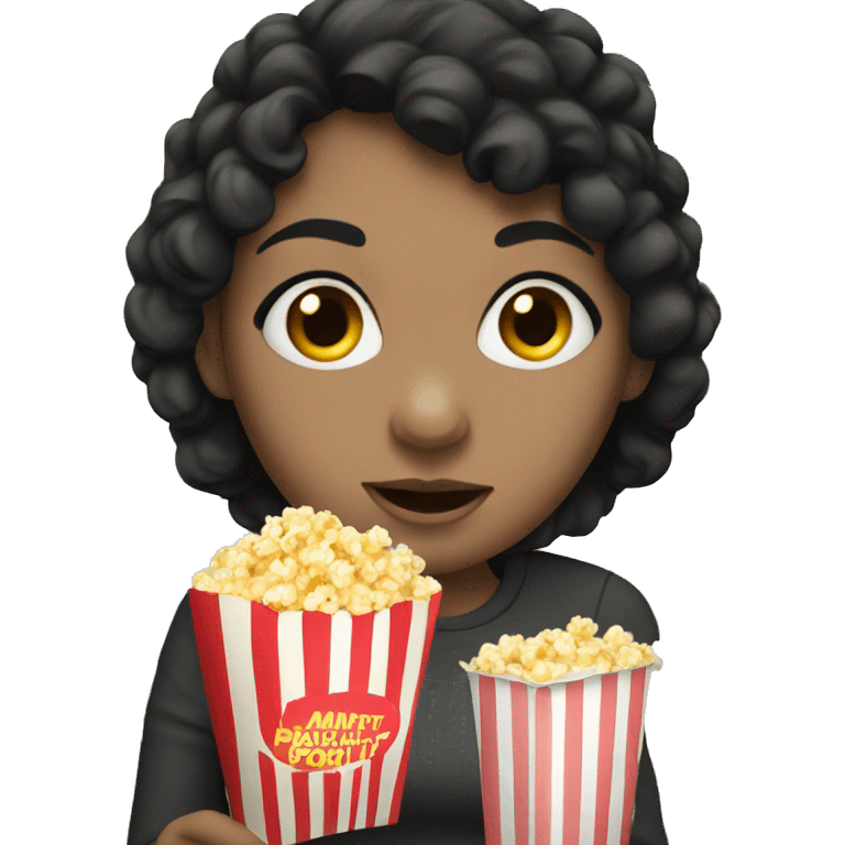 Caucasian girl with black hair, eating popcorn emoji